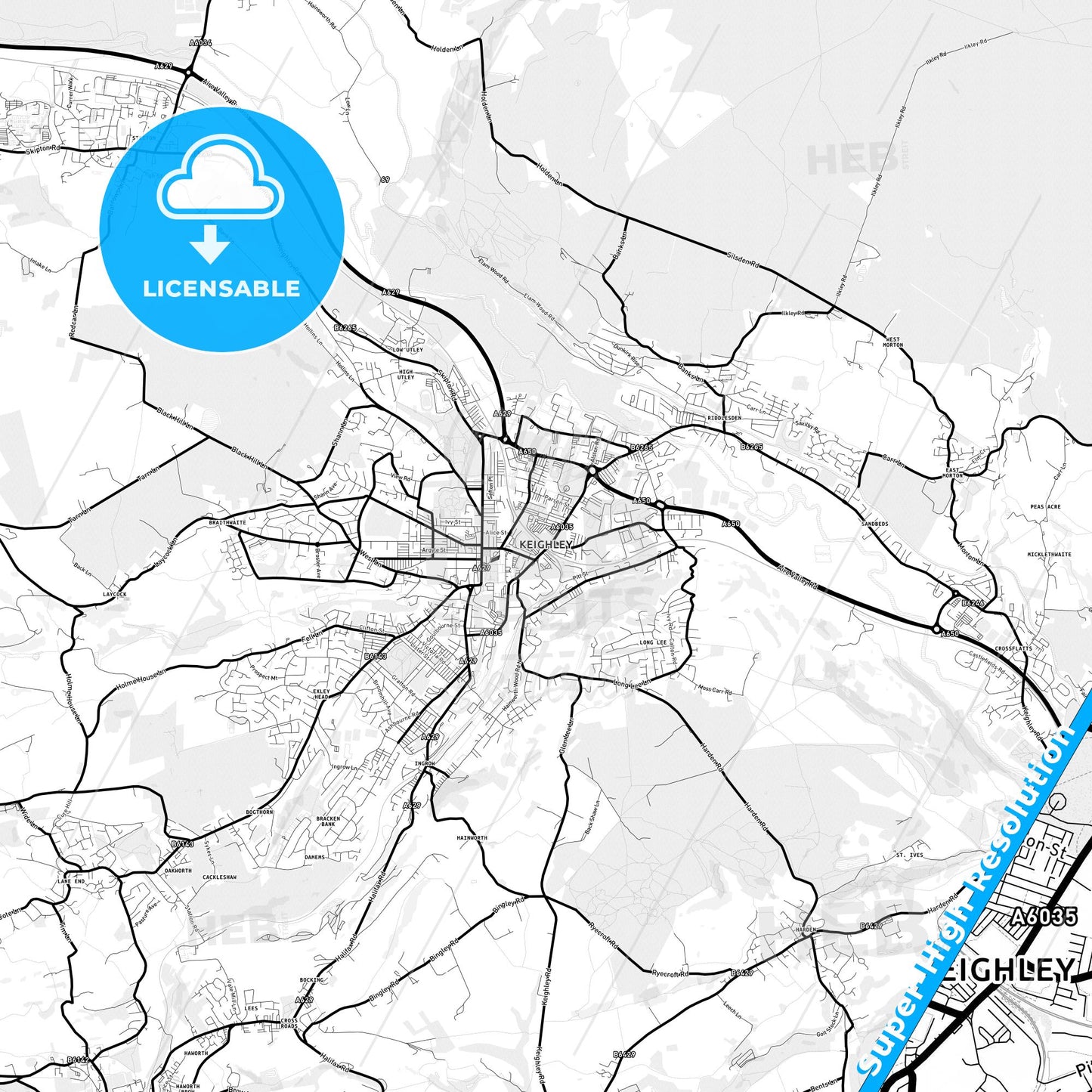Keighley, England Light Map with Street Names, City Names, and Districts