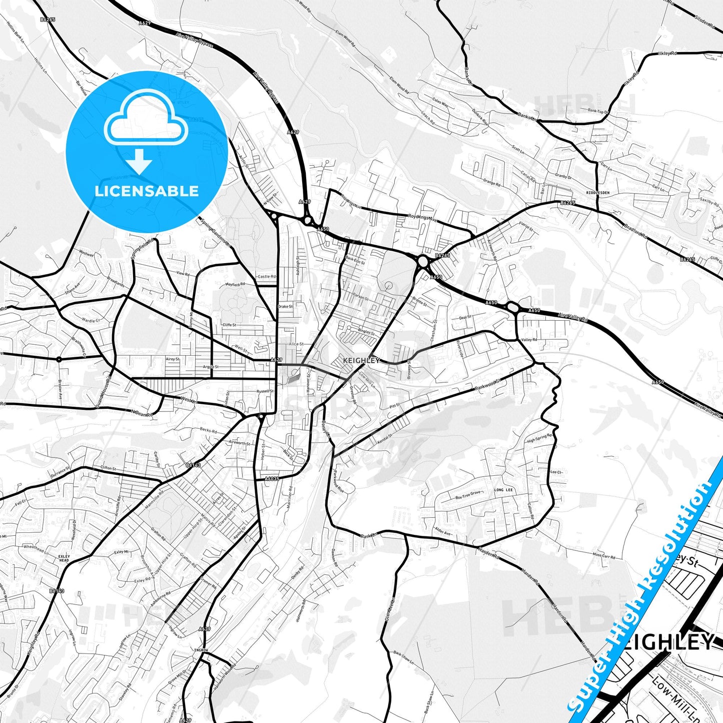 Keighley, England Light Map with Street Names, City Names, and Districts