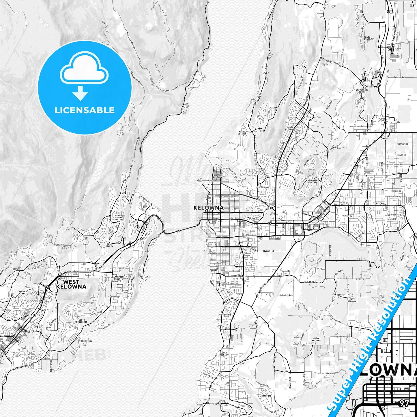 Kelowna, Canada light map with streetnames, citynames and districts