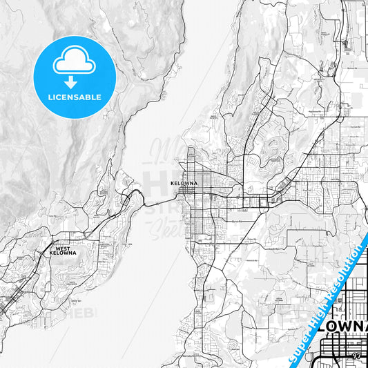 Kelowna, Canada light map with streetnames, citynames and districts