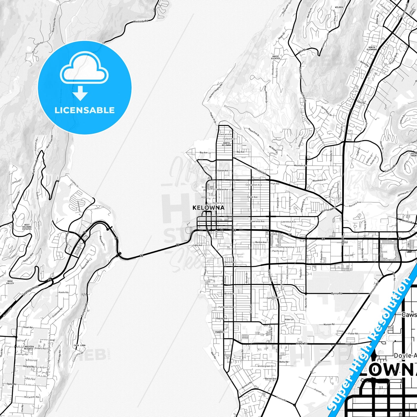 Kelowna, Canada Light Map with Street Names, City Names, and Districts