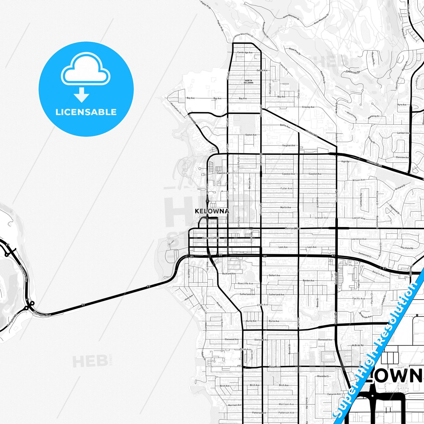 Kelowna, Canada Light Map with Street Names, City Names, and Districts
