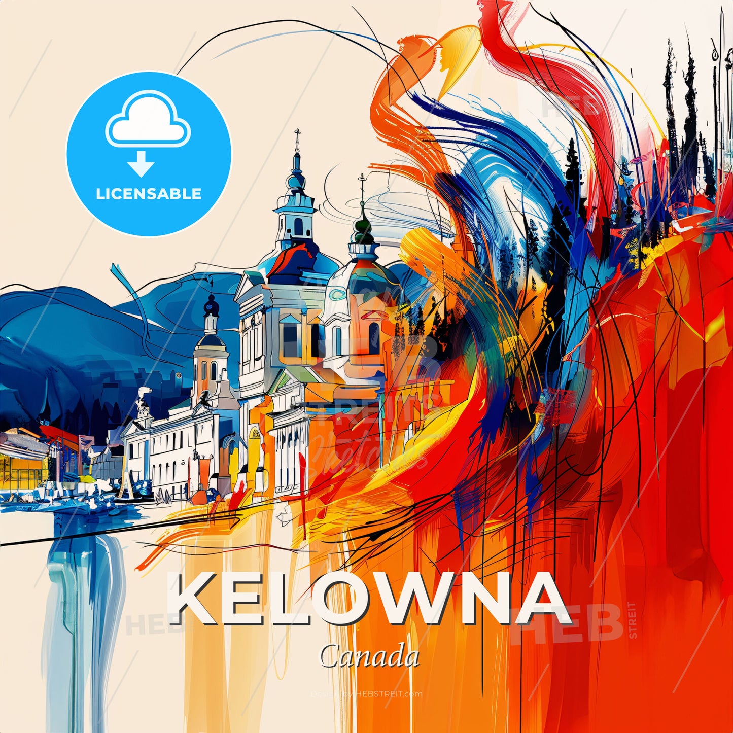 Vibrant Kelowna, Canada - A Colorful Painting Of Buildings And A River - Square format print template