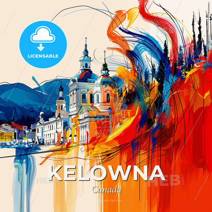 Vibrant Kelowna, Canada - A Colorful Painting Of Buildings And A River - Square format print template