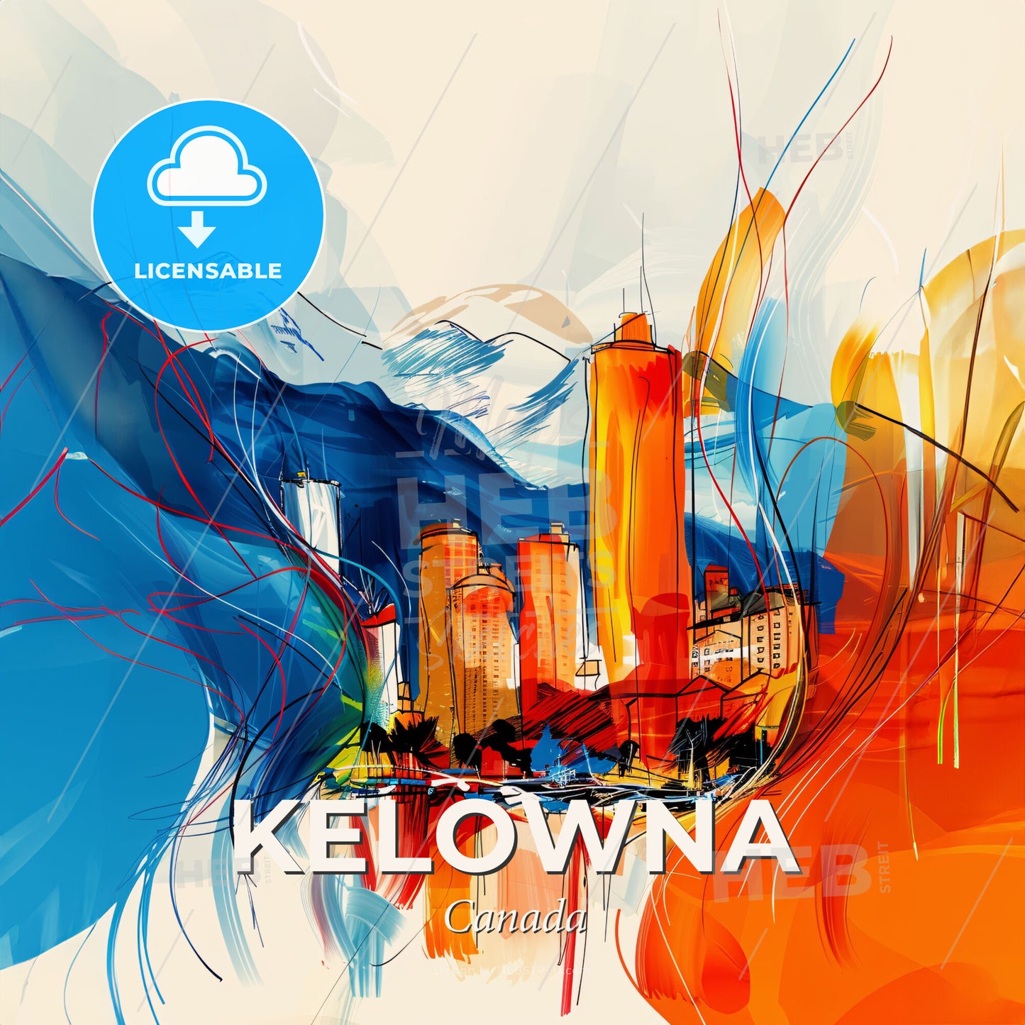 Vibrant Kelowna, Canada - A Colorful Painting Of A City - Square format print template