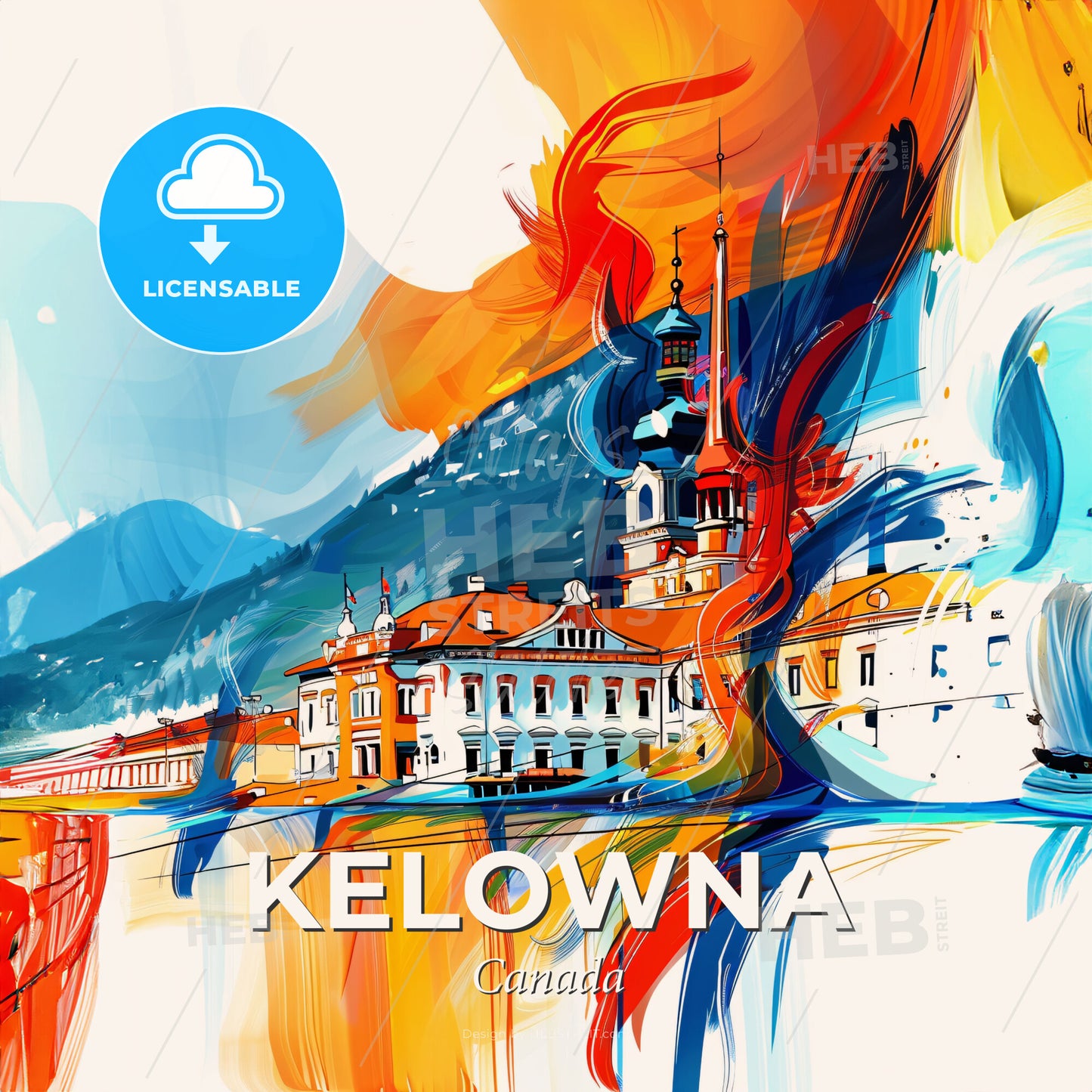 Vibrant Kelowna, Canada - A Painting Of A Building - Square format print template