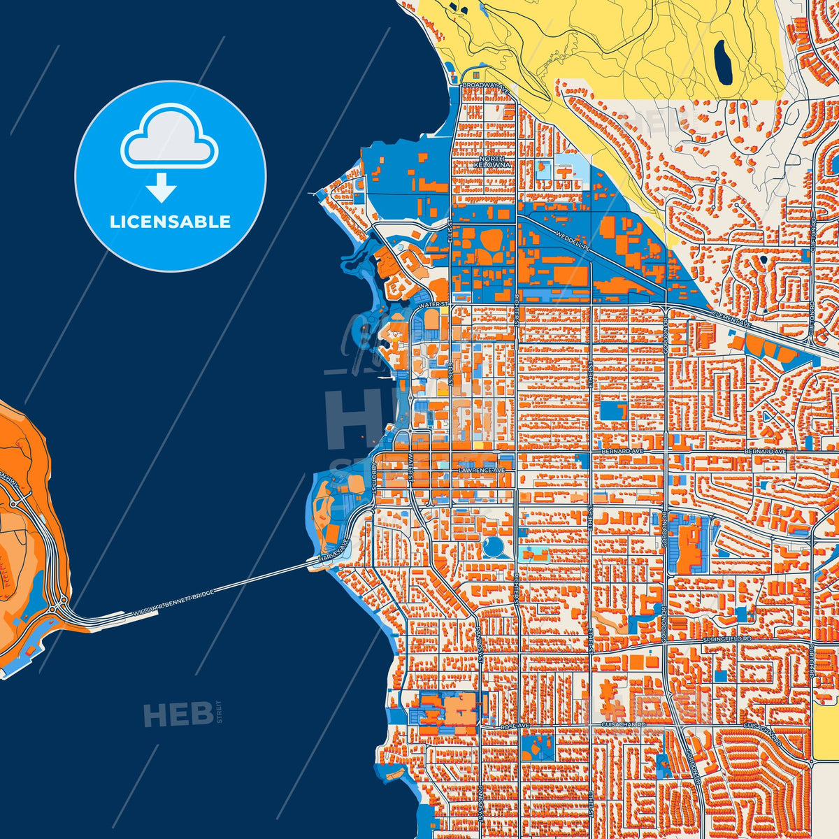 Colorful Kelowna Street Map with Labels and Buildings