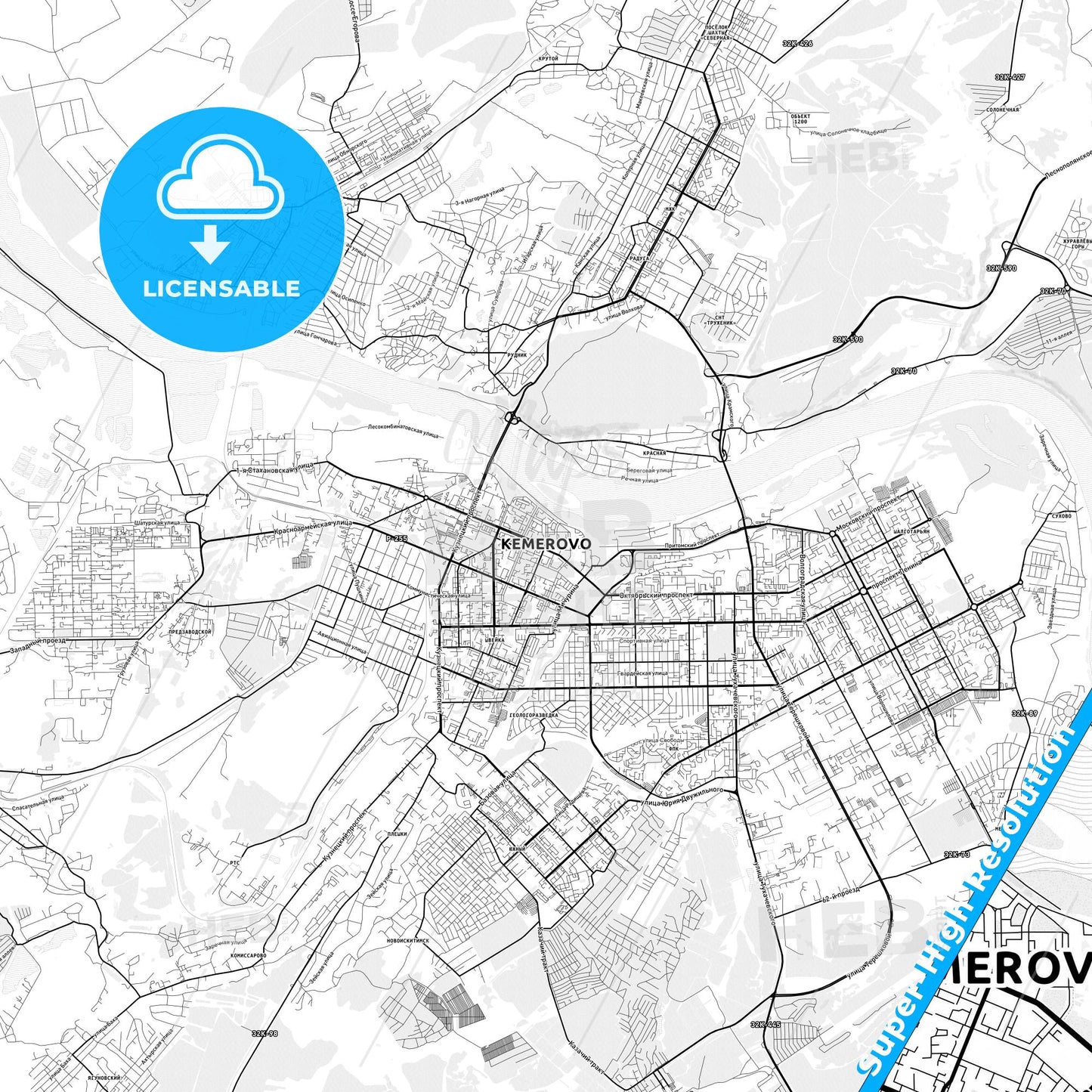 Kemerovo, Russia light map with streetnames, citynames and districts