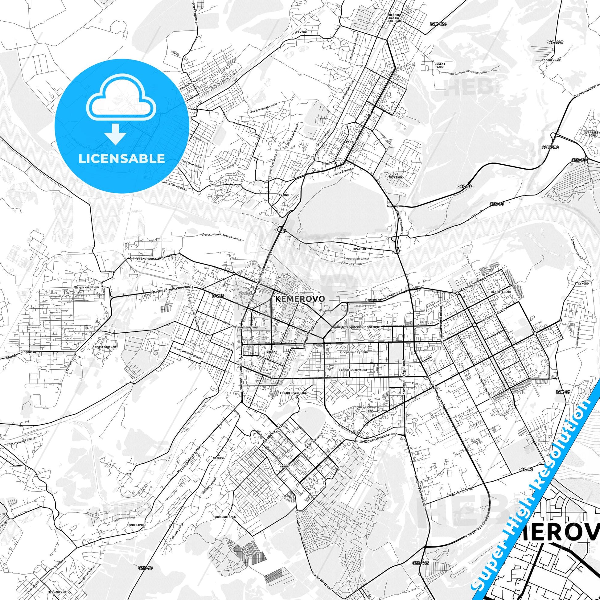 Kemerovo, Russia light map with streetnames, citynames and districts