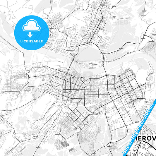 Kemerovo, Russia light map with streetnames, citynames and districts