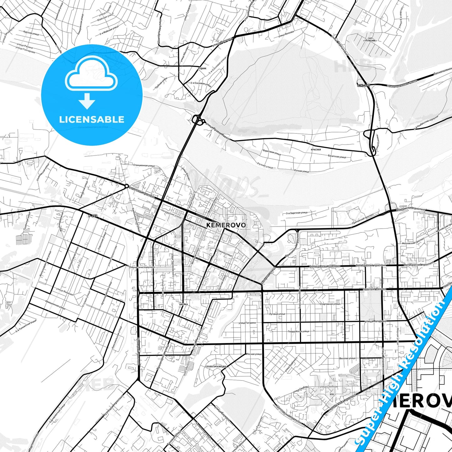 Kemerovo, Russia Light Map with Street Names, City Names, and Districts