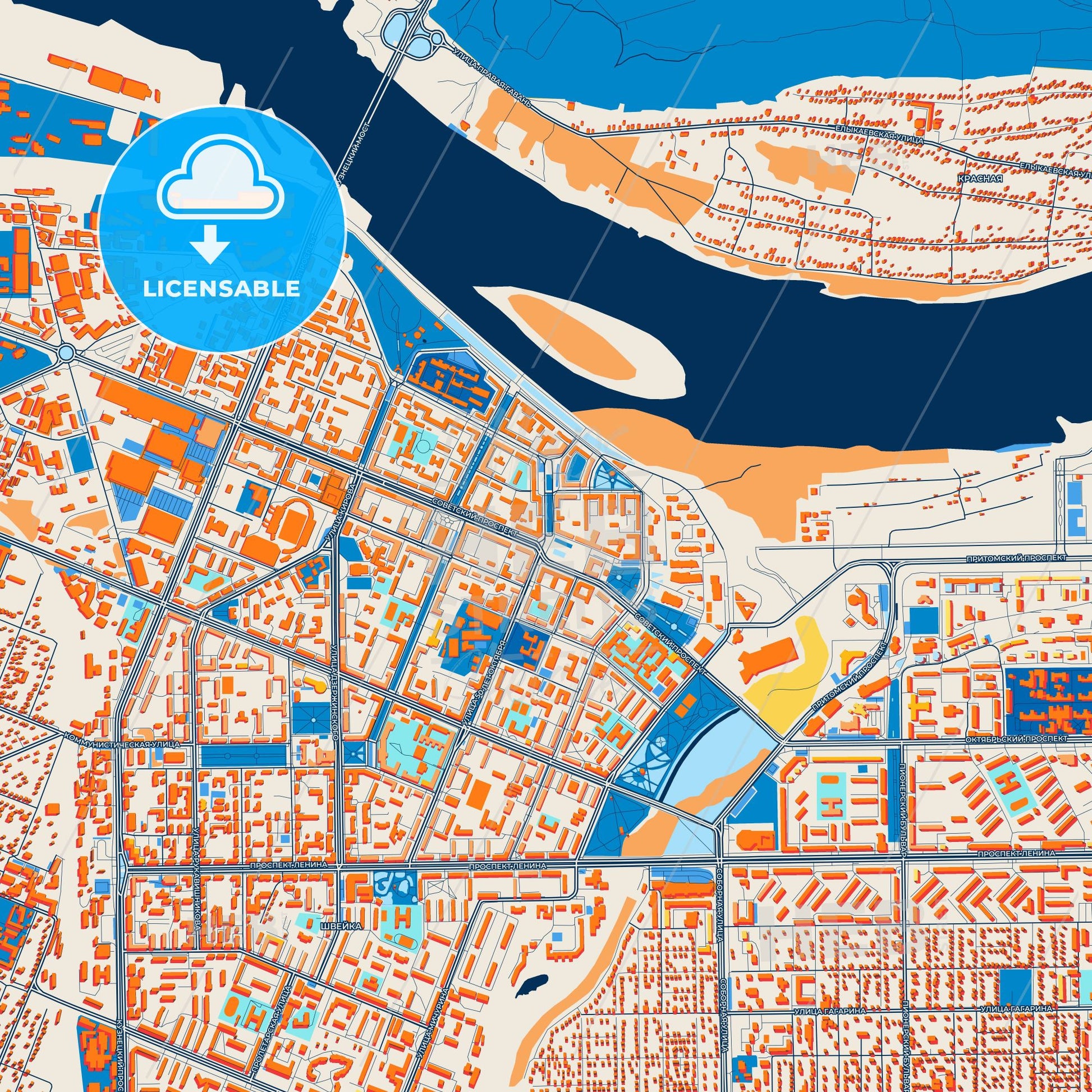 Colorful Kemerovo Street Map with Labels and Buildings