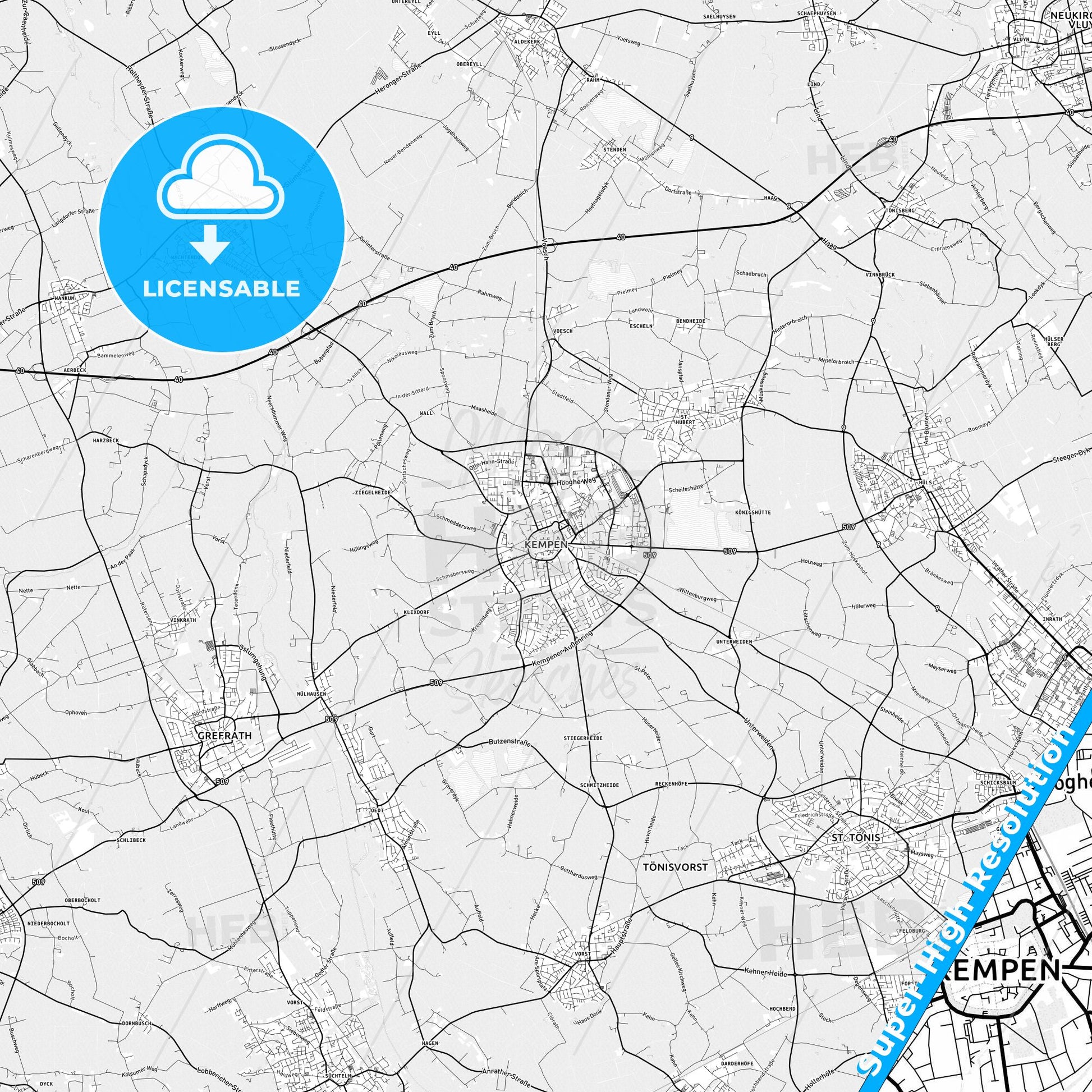 Kempen, Germany light map with streetnames, citynames and districts