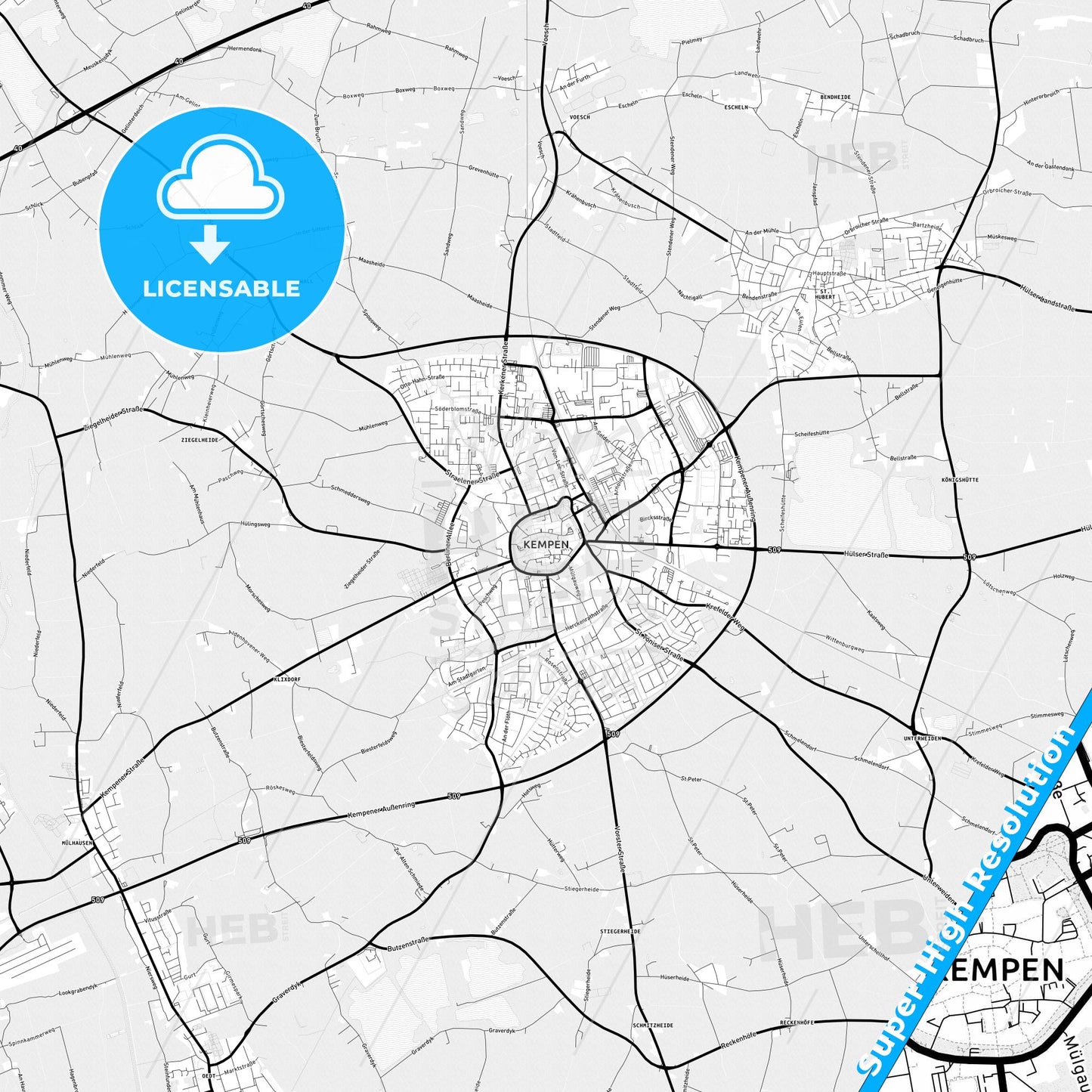 Kempen, Germany Light Map with Street Names, City Names, and Districts