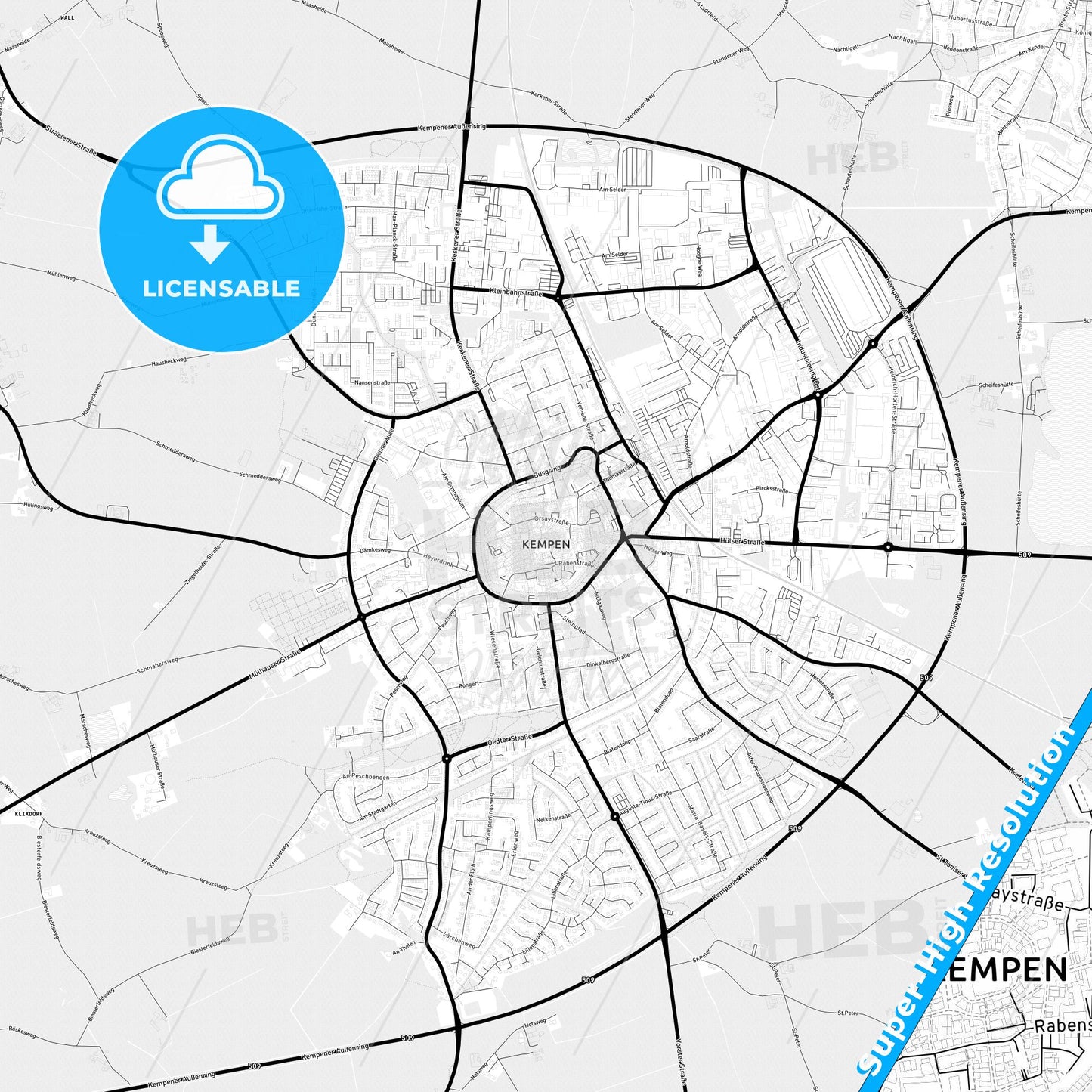 Kempen, Germany Light Map with Street Names, City Names, and Districts