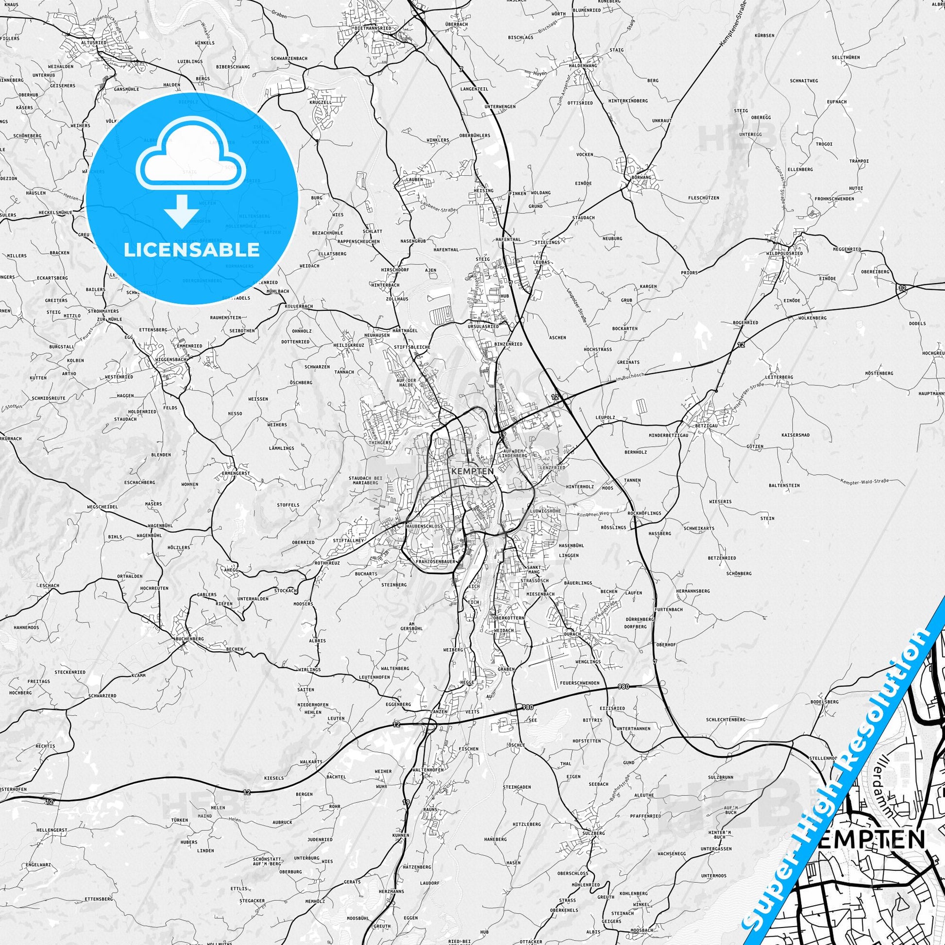 Kempten (Allgau), Germany light map with streetnames, citynames and districts
