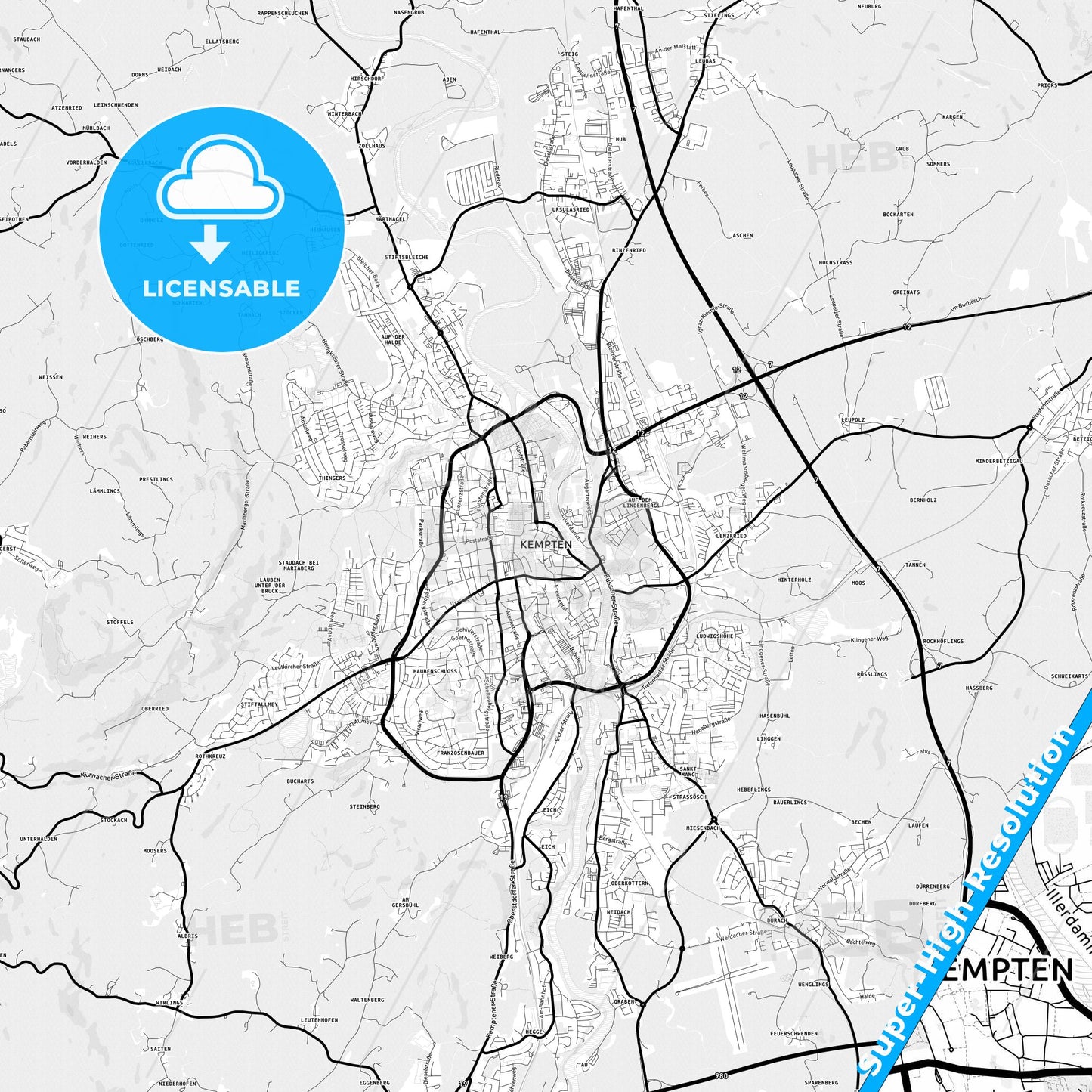 Kempten (Allgau), Germany Light Map with Street Names, City Names, and Districts