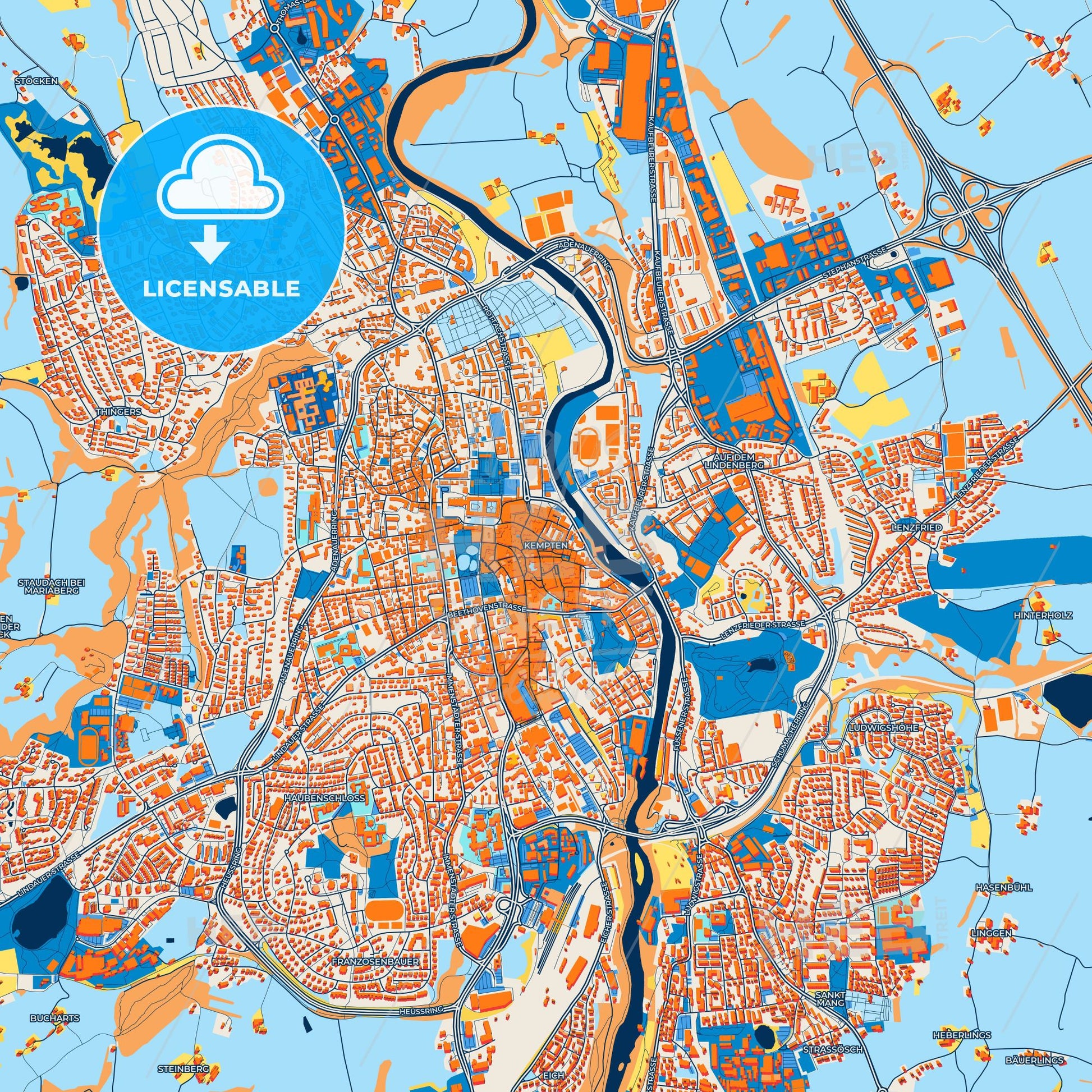 Colorful Kempten (Allgau) Street Map with Labels and Buildings