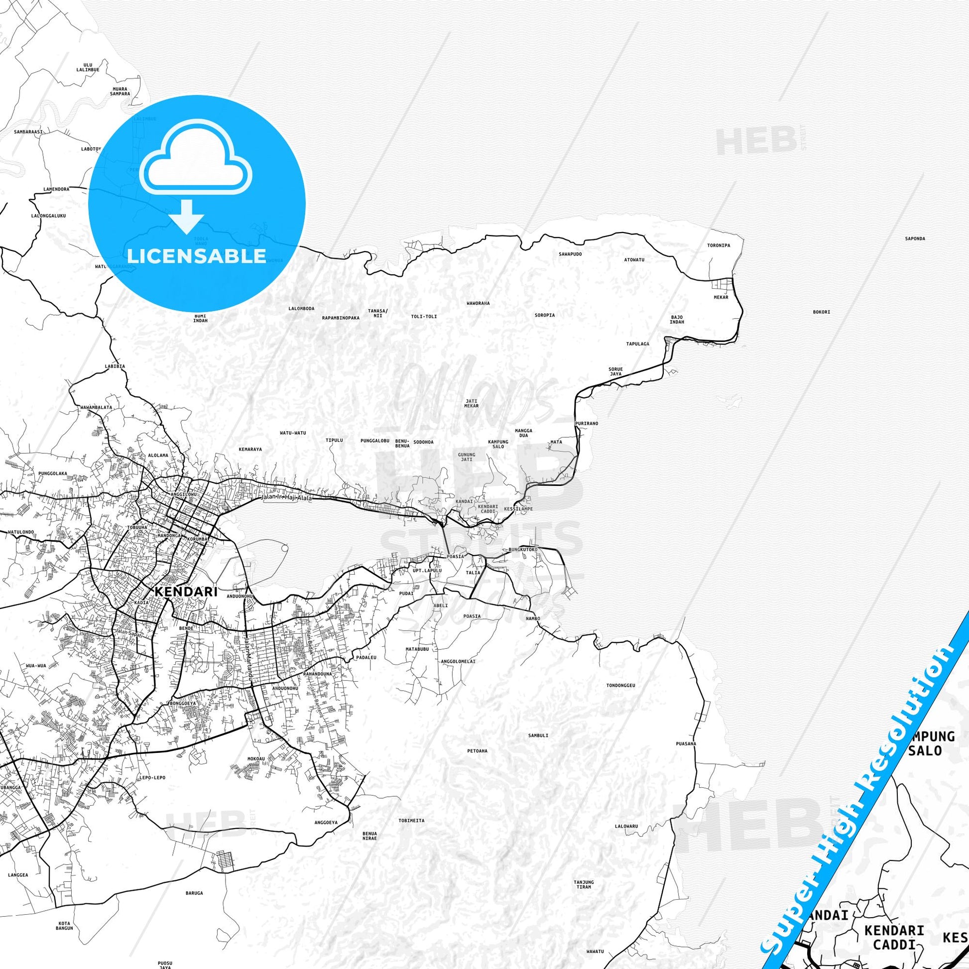 Kendari, Indonesia light map with streetnames, citynames and districts
