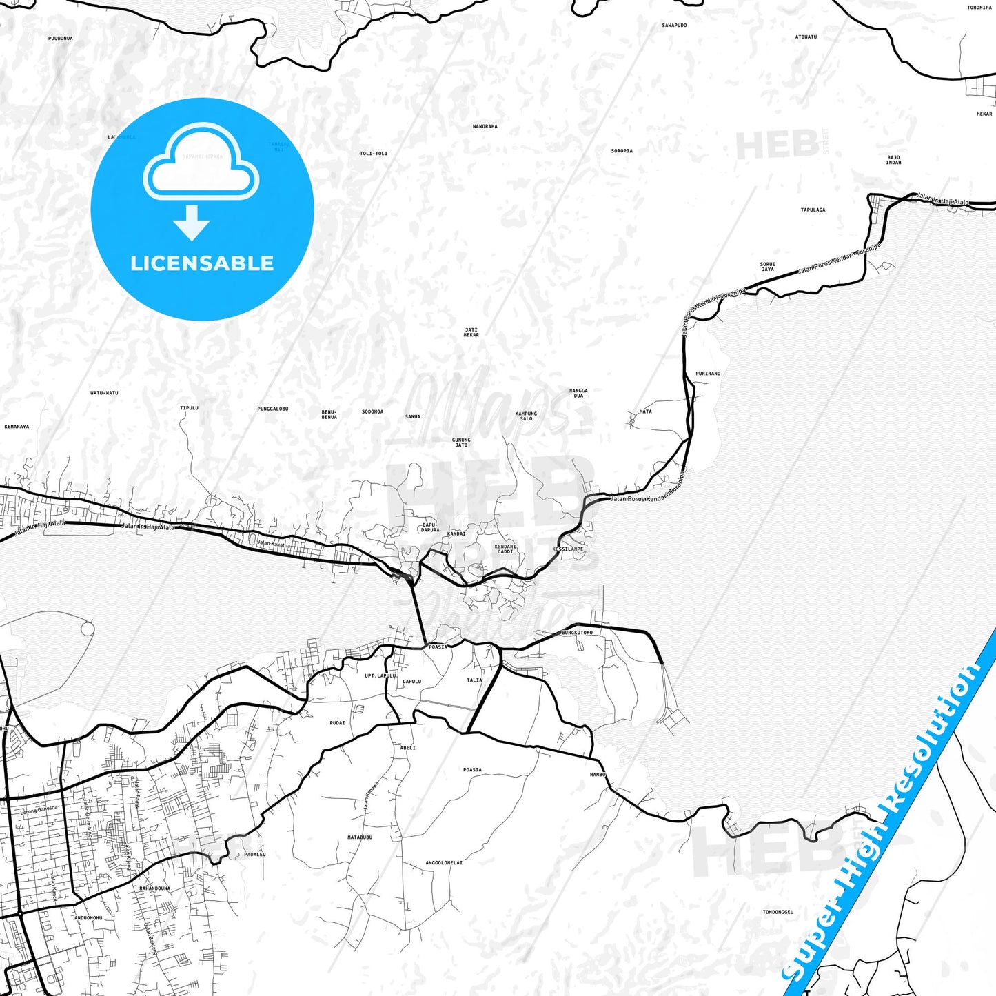 Kendari, Indonesia Light Map with Street Names, City Names, and Districts