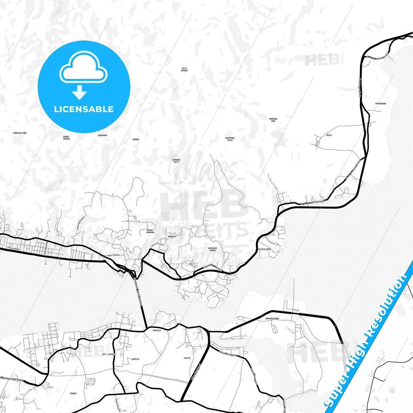 Kendari, Indonesia Light Map with Street Names, City Names, and Districts