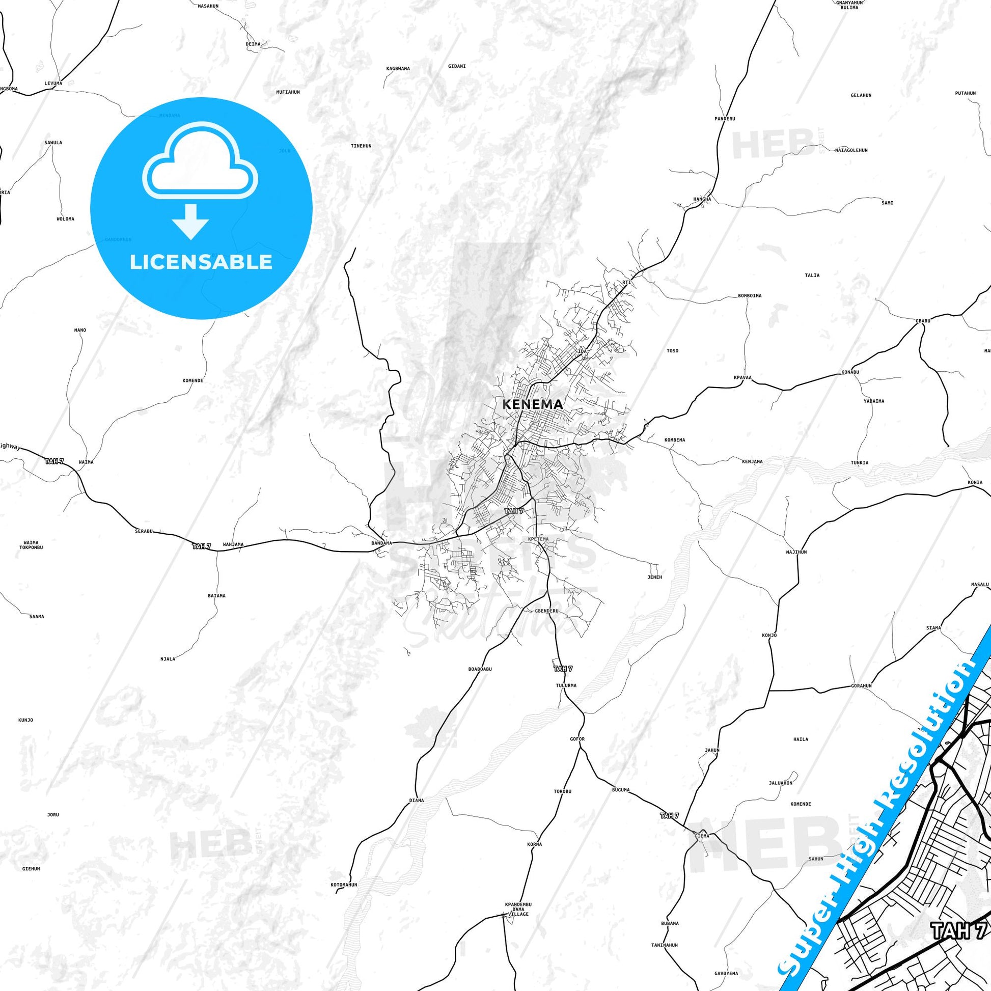 Kenema, Sierra Leone light map with streetnames, citynames and districts