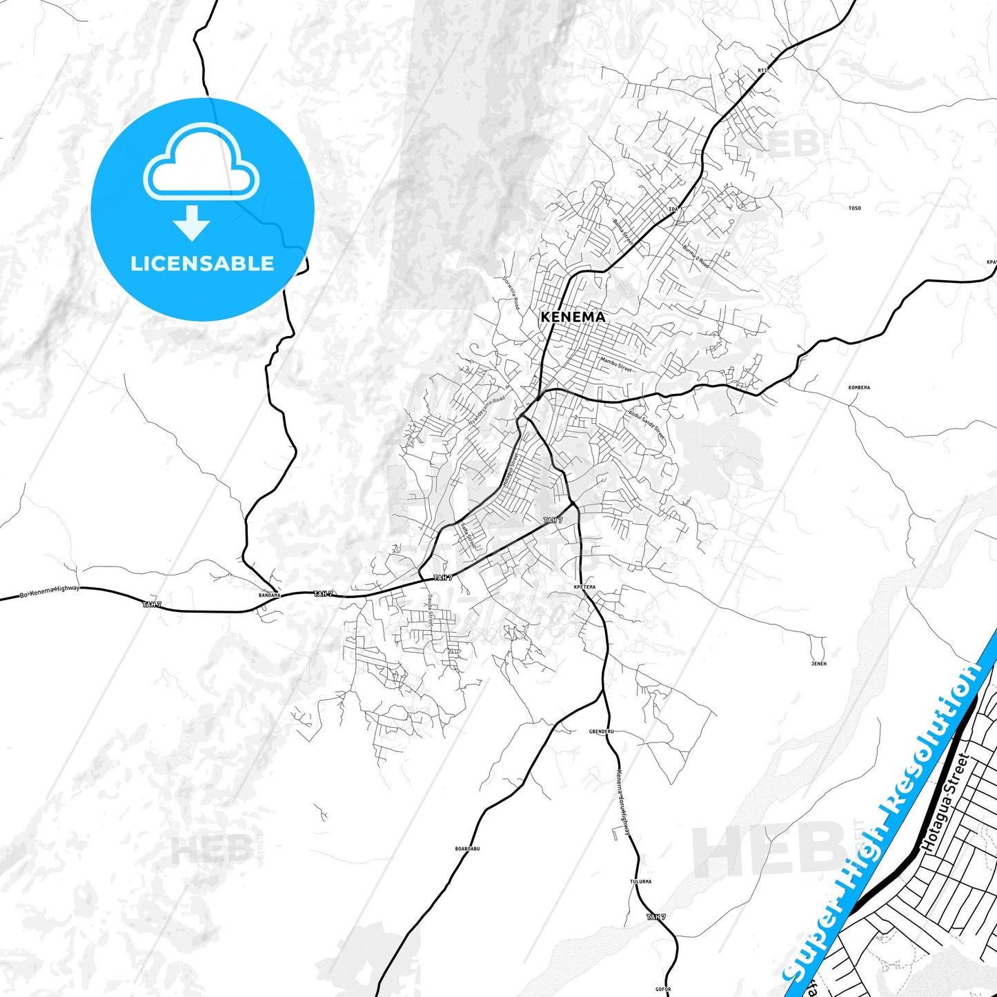 Kenema, Sierra Leone Light Map with Street Names, City Names, and Districts
