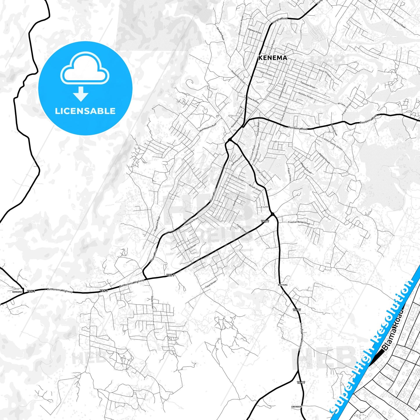 Kenema, Sierra Leone Light Map with Street Names, City Names, and Districts