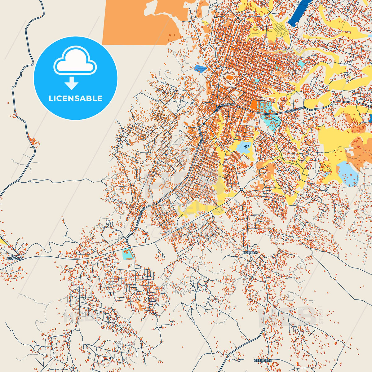 Colorful Kenema Street Map with Labels and Buildings