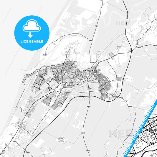 Kenitra, Morocco light map with streetnames, citynames and districts