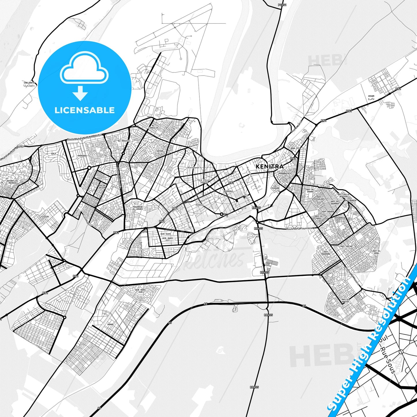 Kenitra, Morocco Light Map with Street Names, City Names, and Districts
