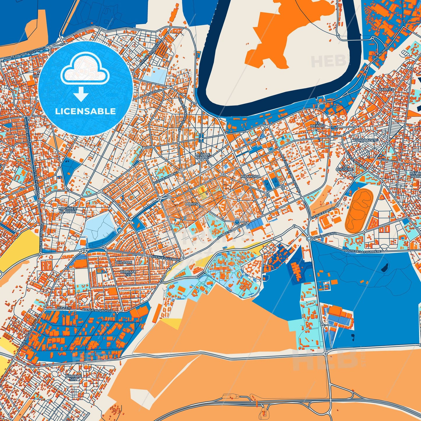 Colorful Kenitra Street Map with Labels and Buildings
