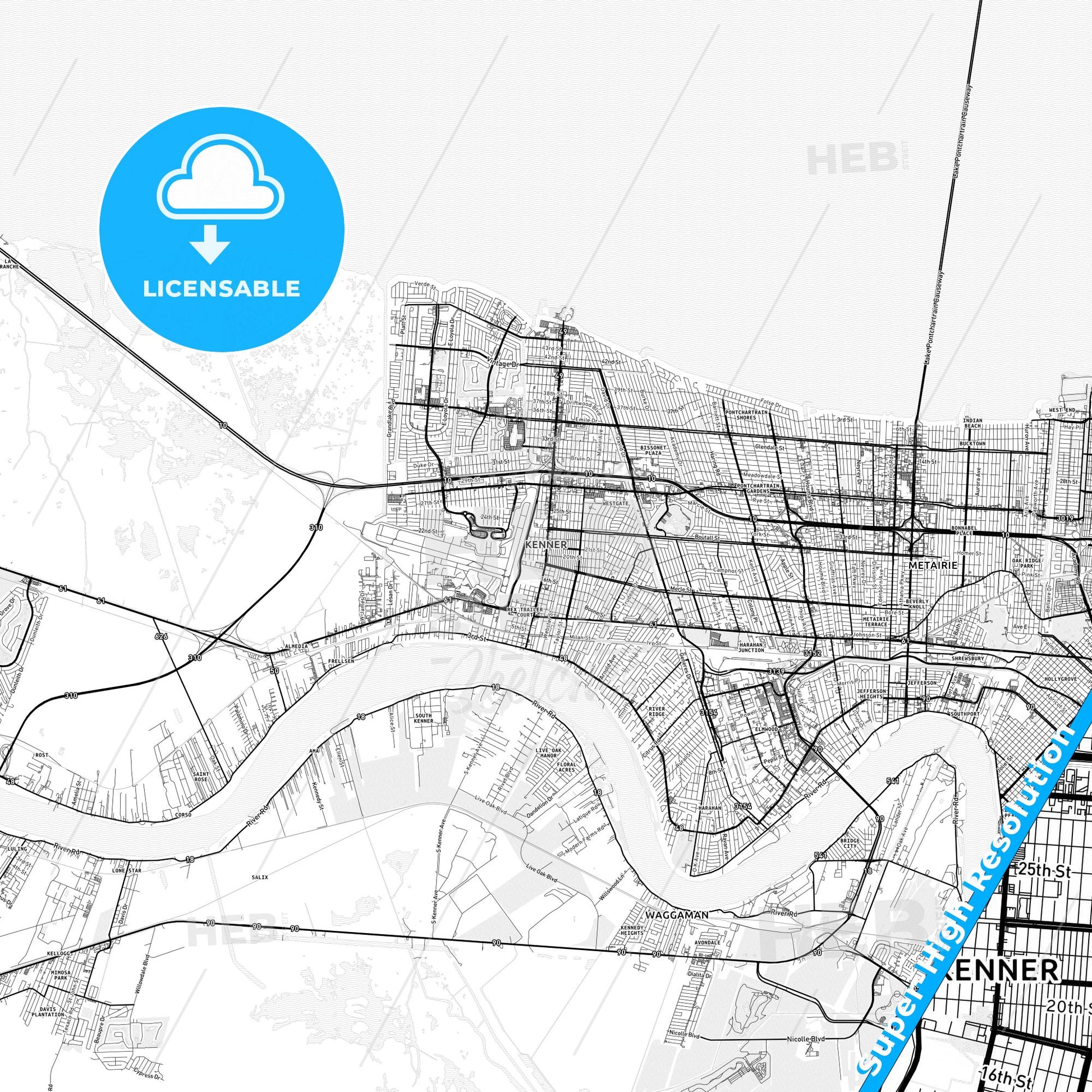Kenner, Louisiana light map with streetnames, citynames and districts