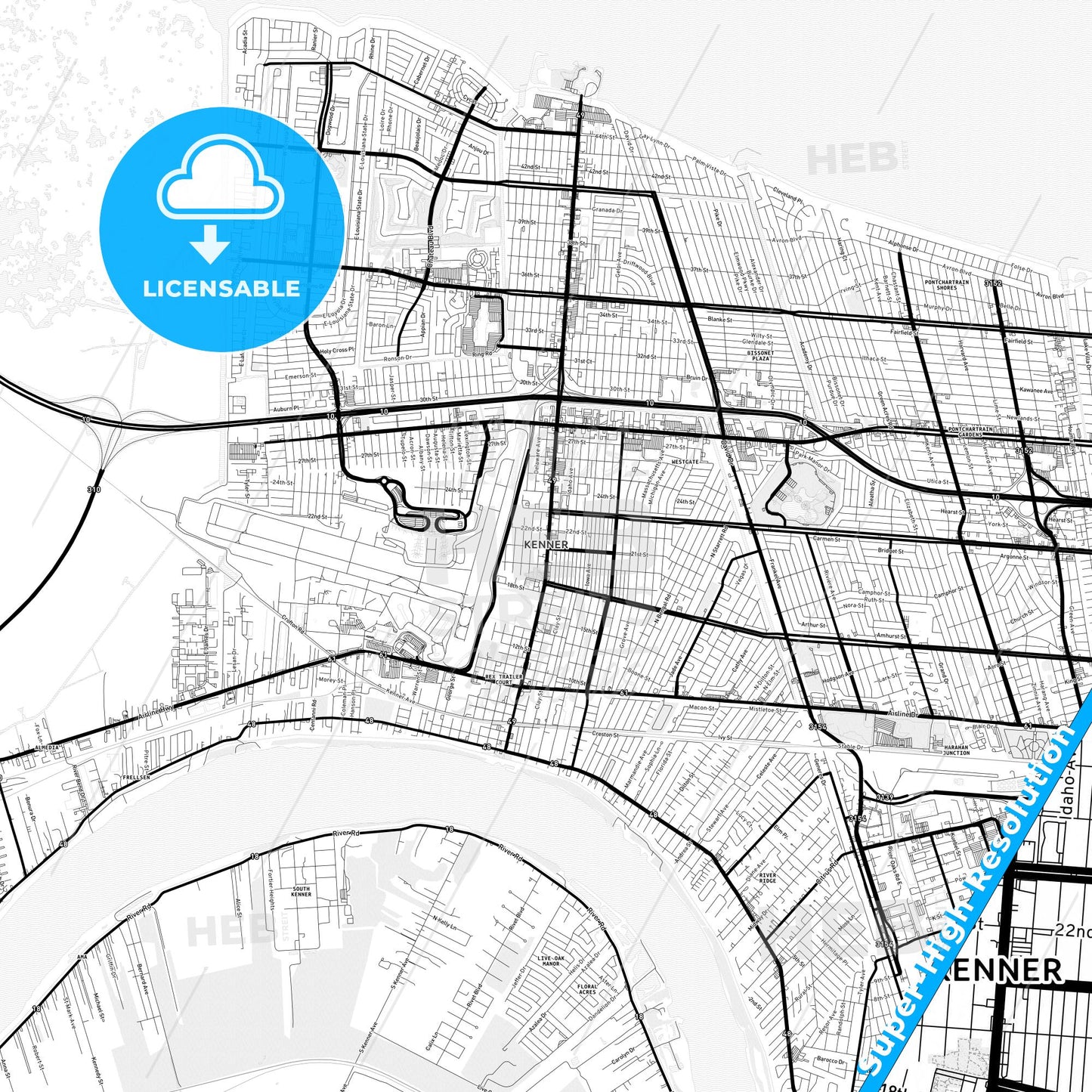 Kenner, Louisiana Light Map with Street Names, City Names, and Districts