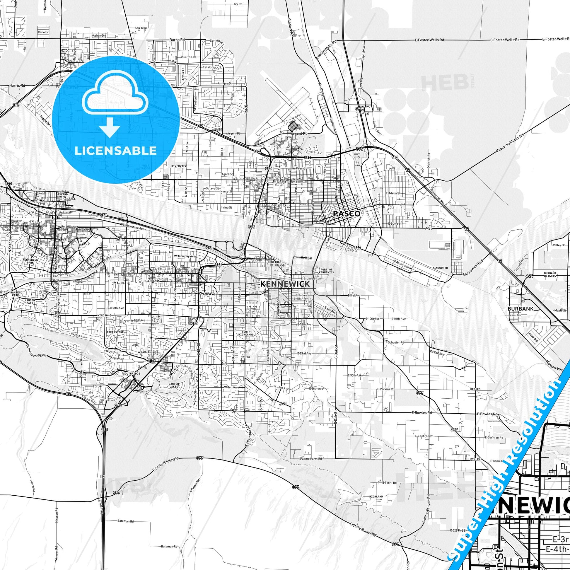 Kennewick, Washington light map with streetnames, citynames and districts
