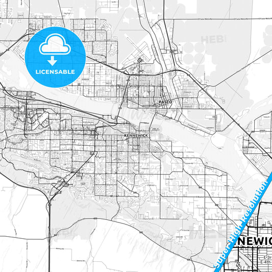 Kennewick, Washington light map with streetnames, citynames and districts