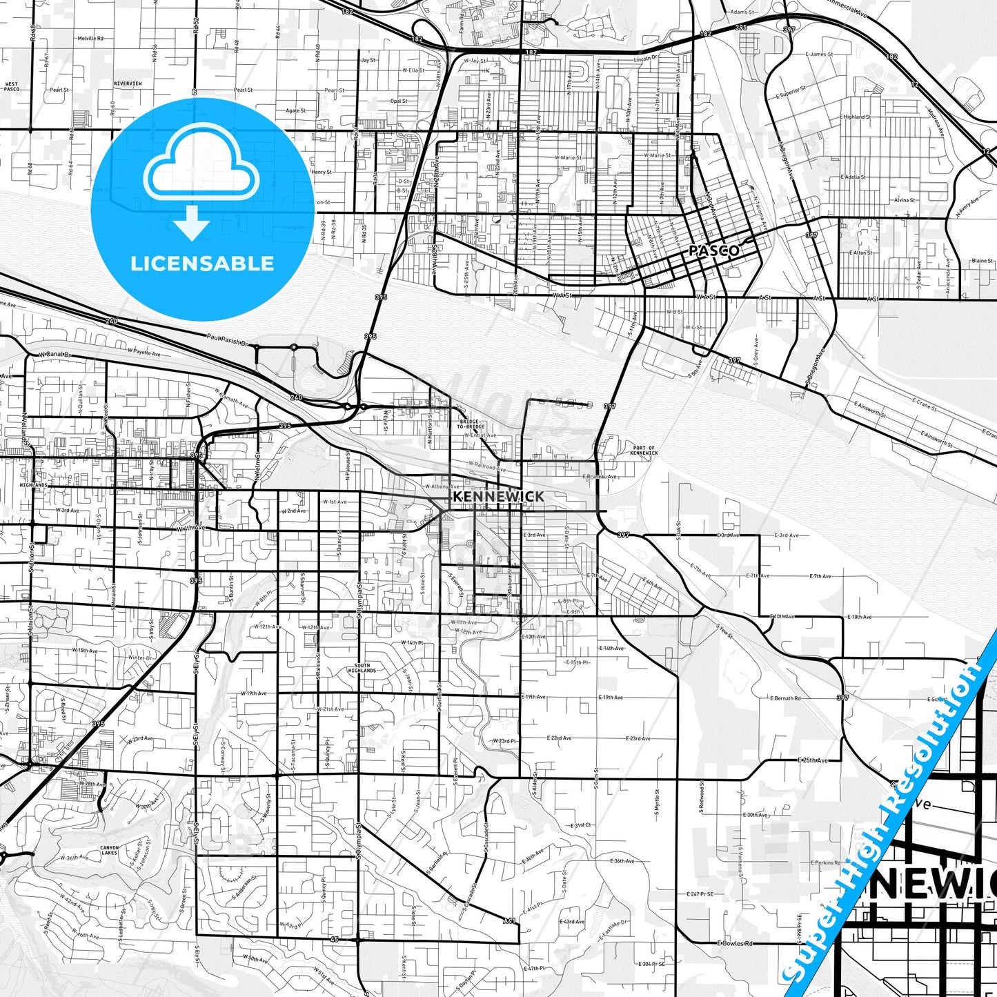 Kennewick, Washington Light Map with Street Names, City Names, and Districts