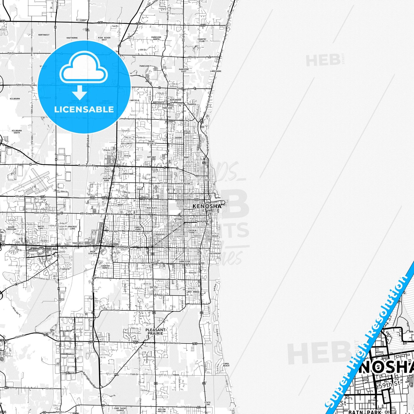 Kenosha, Wisconsin light map with streetnames, citynames and districts