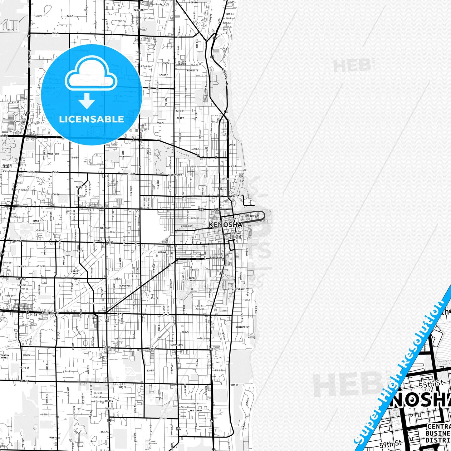 Kenosha, Wisconsin Light Map with Street Names, City Names, and Districts