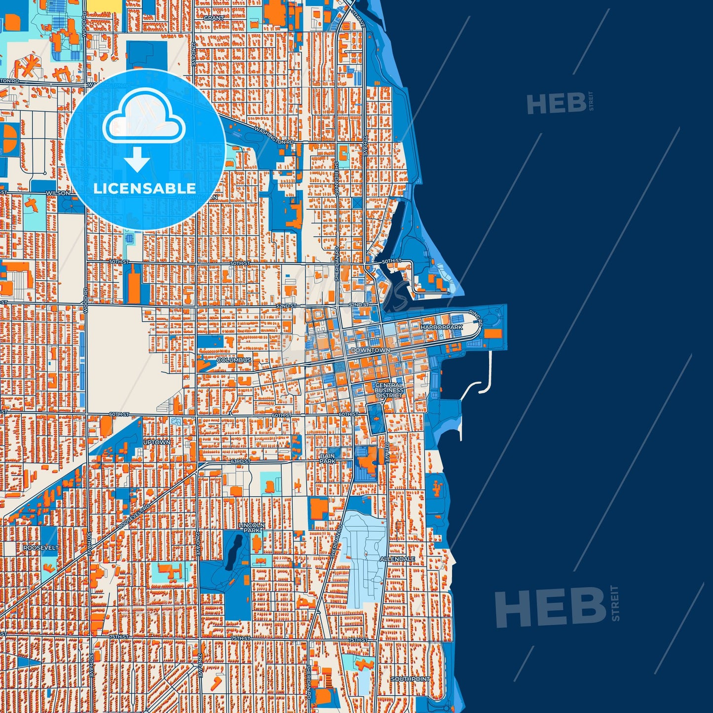 Colorful Kenosha Street Map with Labels and Buildings