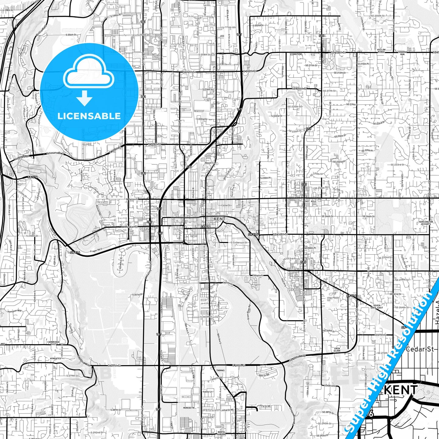 Kent, Washington Light Map with Street Names, City Names, and Districts