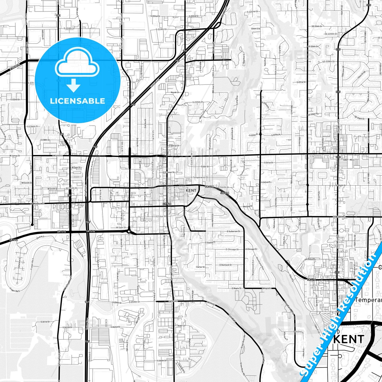 Kent, Washington Light Map with Street Names, City Names, and Districts