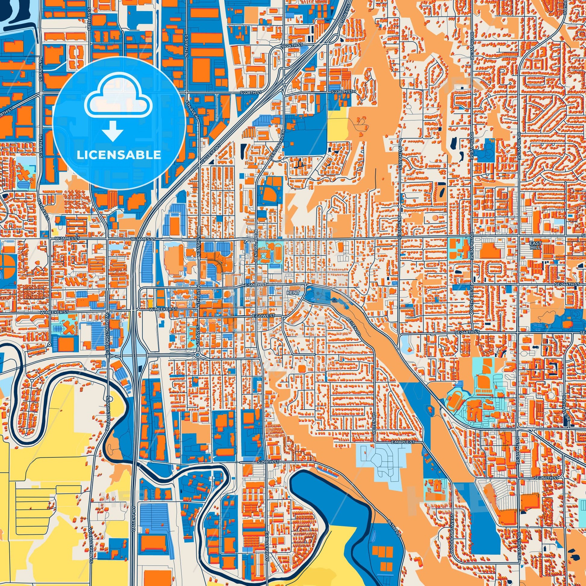 Colorful Kent Street Map with Labels and Buildings