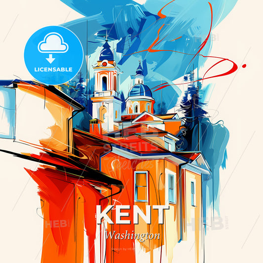 Vibrant Kent, Washington - A Painting Of A Building With Towers And A Blue Sky - Square format print template
