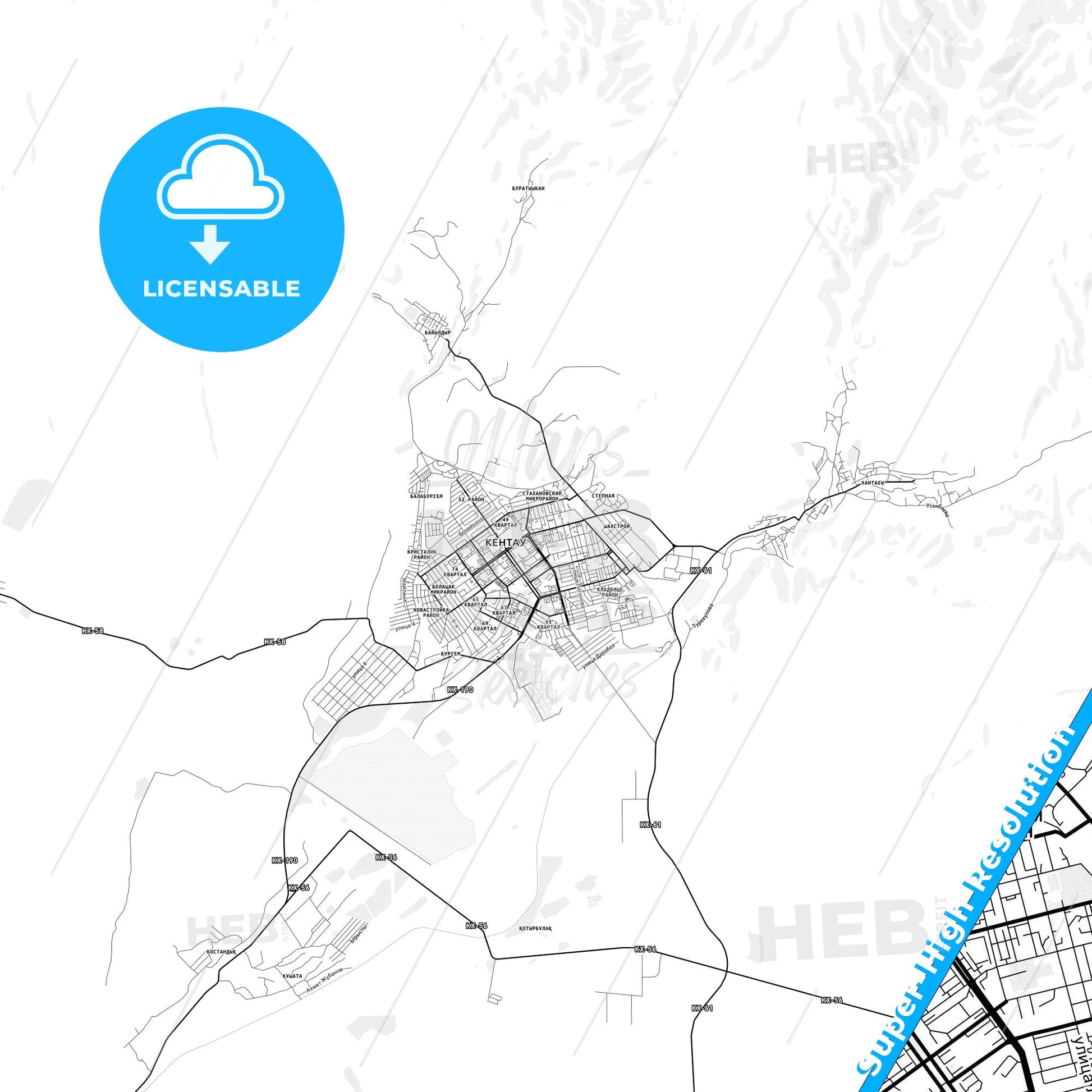 Kentau, Kazakhstan light map with streetnames, citynames and districts