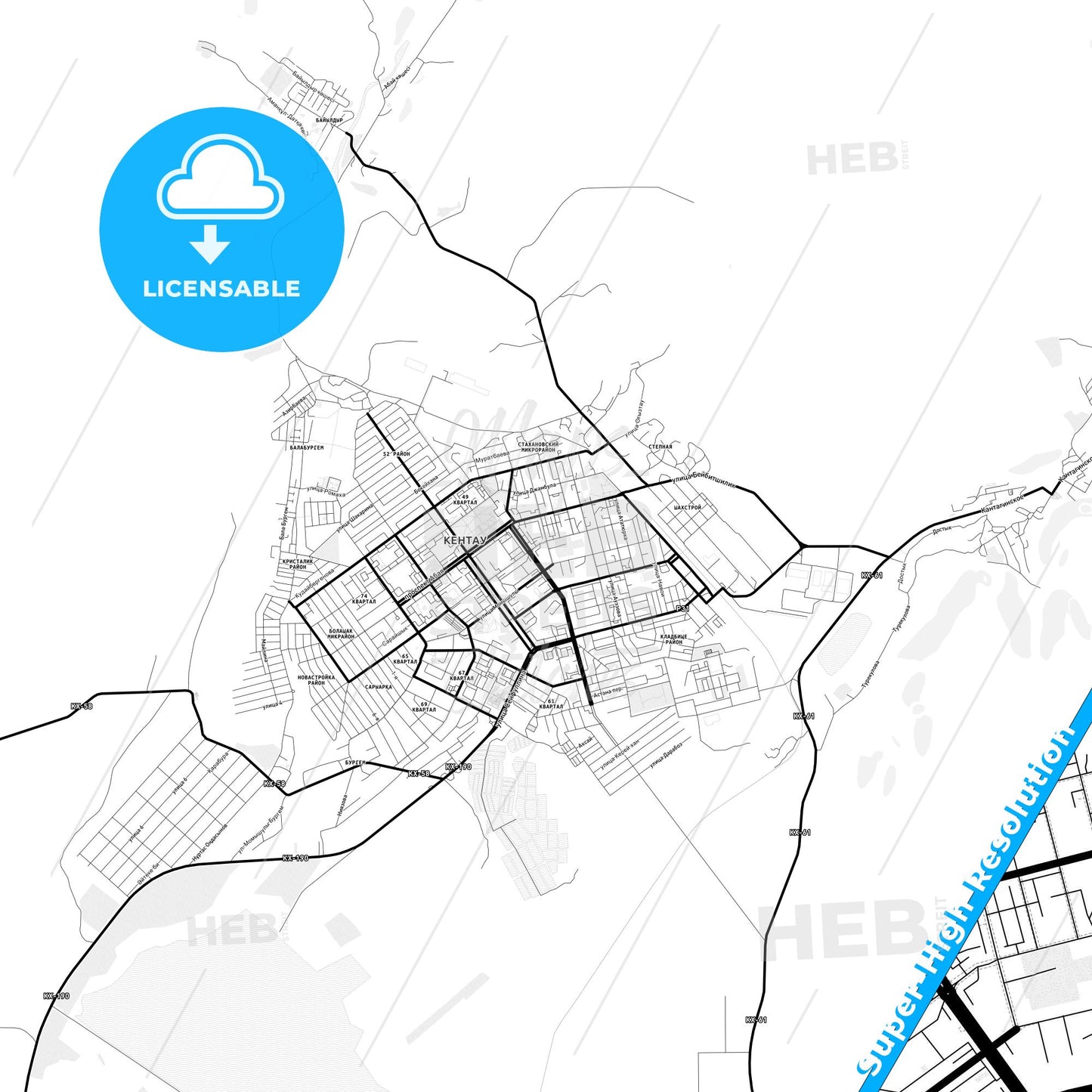 Kentau, Kazakhstan Light Map with Street Names, City Names, and Districts