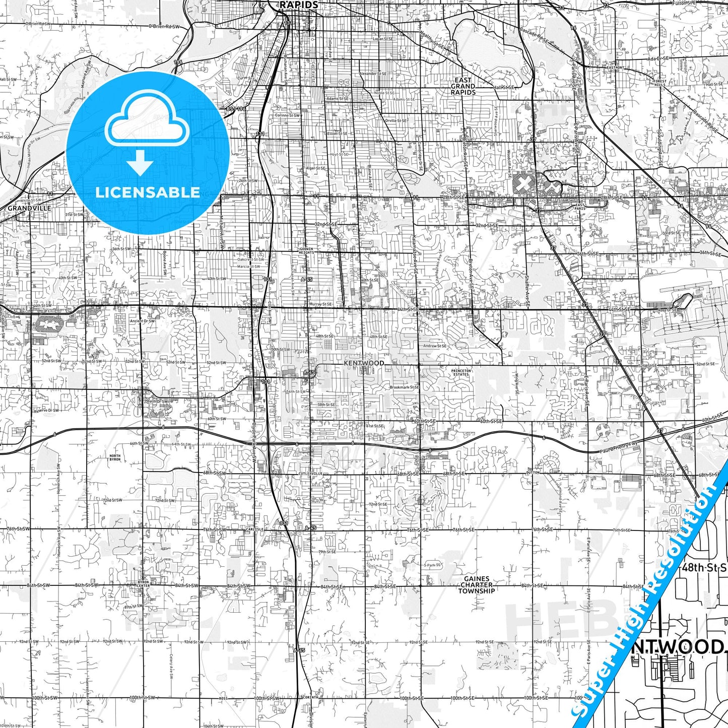 Kentwood, Michigan light map with streetnames, citynames and districts