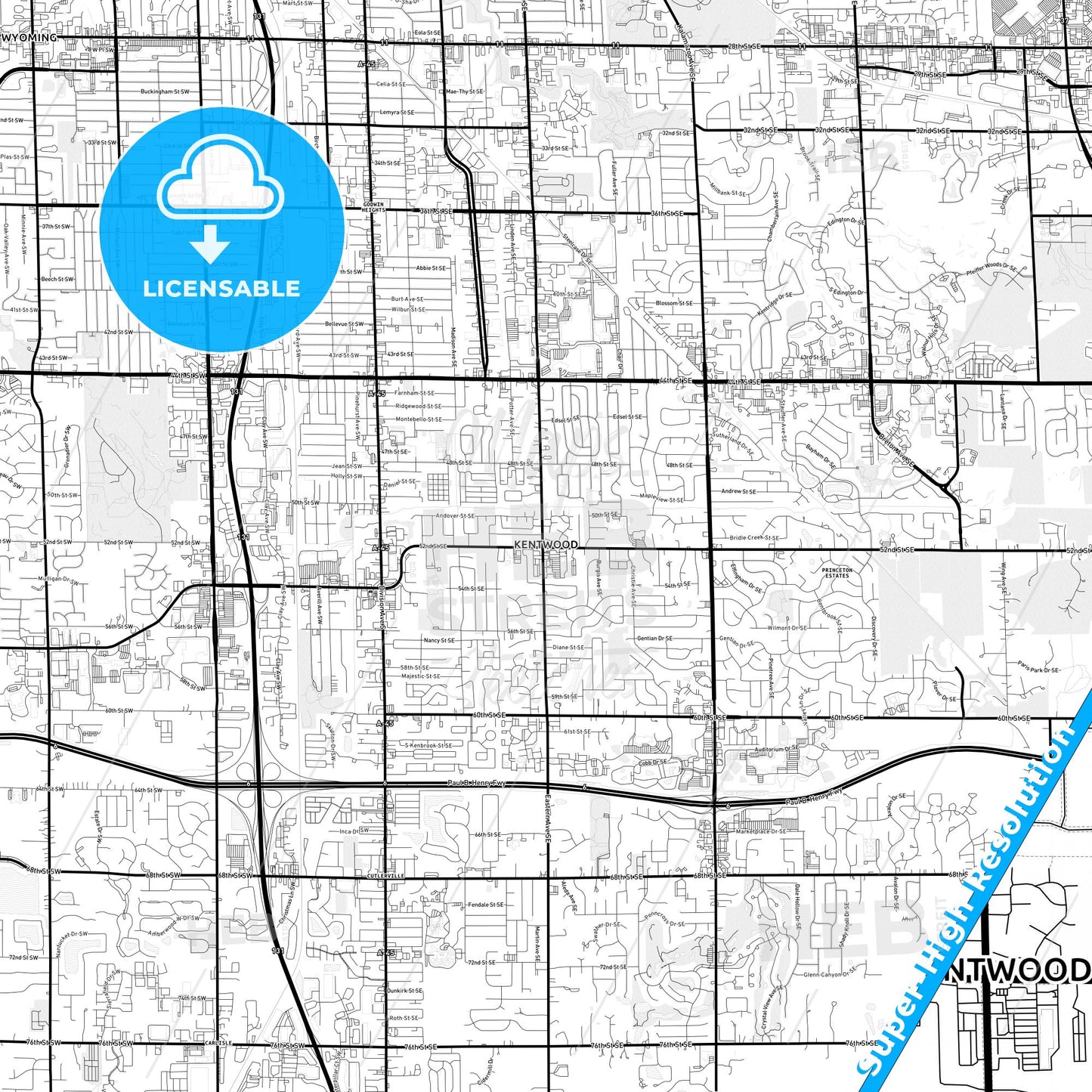 Kentwood, Michigan Light Map with Street Names, City Names, and Districts
