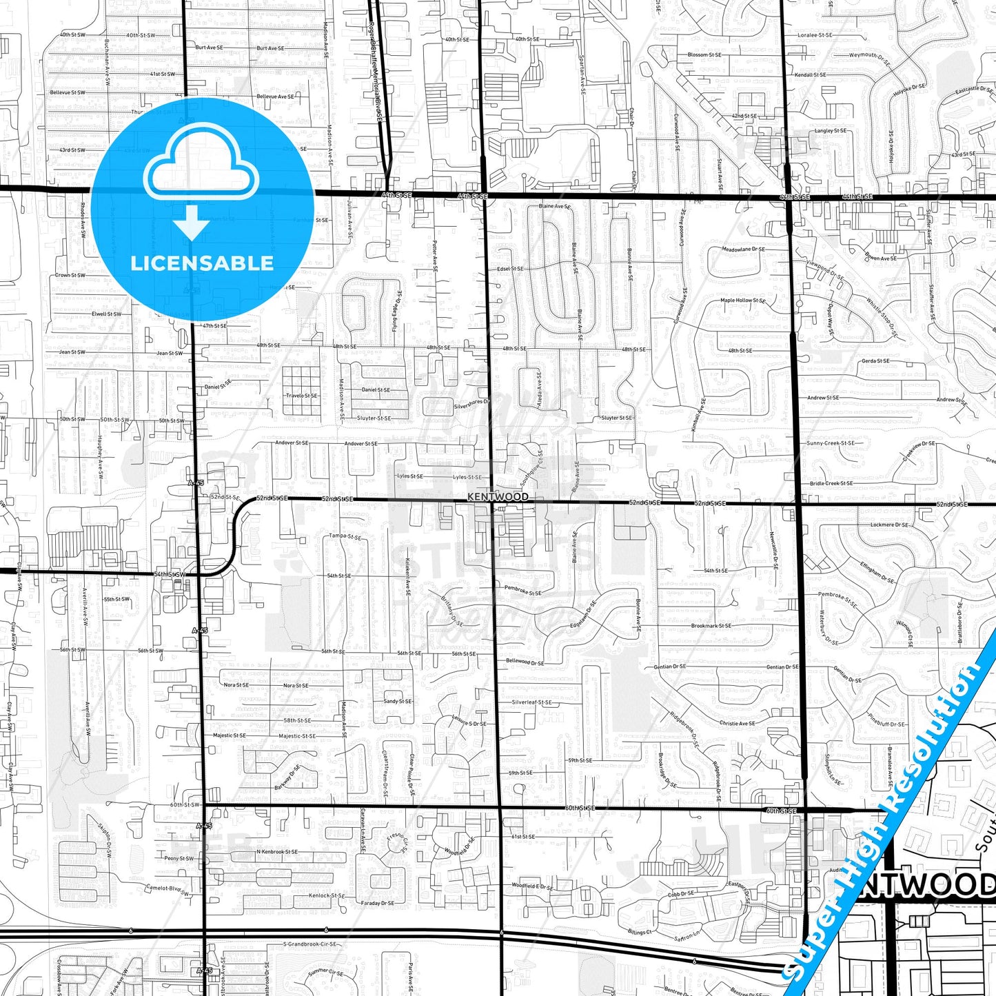 Kentwood, Michigan Light Map with Street Names, City Names, and Districts