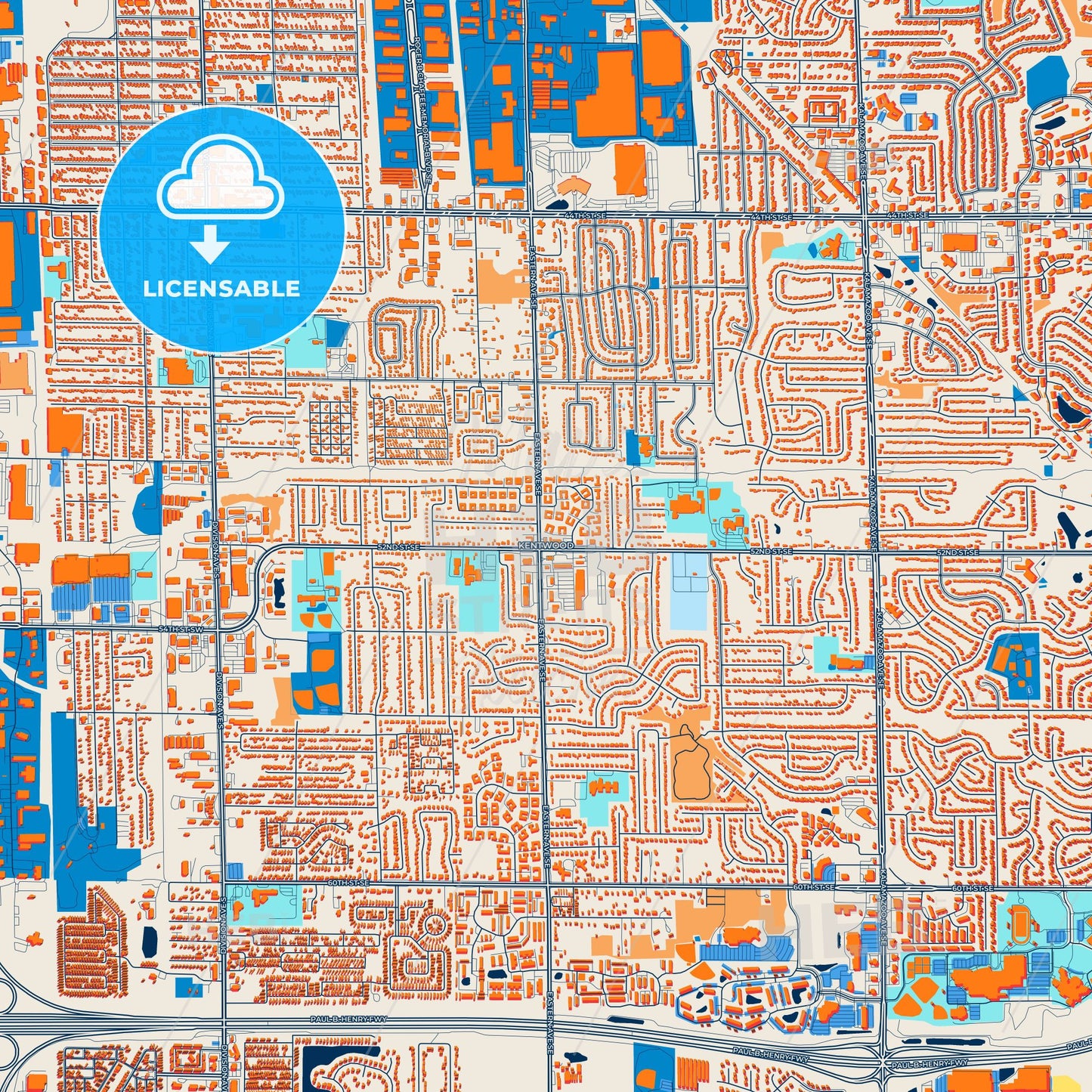 Colorful Kentwood Street Map with Labels and Buildings